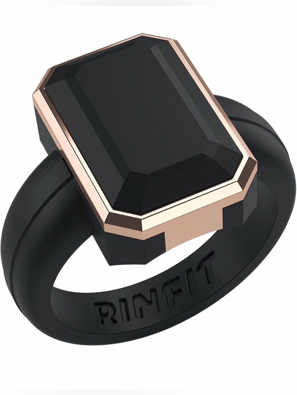 Rinfit Black Onyx Rectangular Ring with Gold Trim Silicone Rong size 6 NEW - Picture 2 of 4